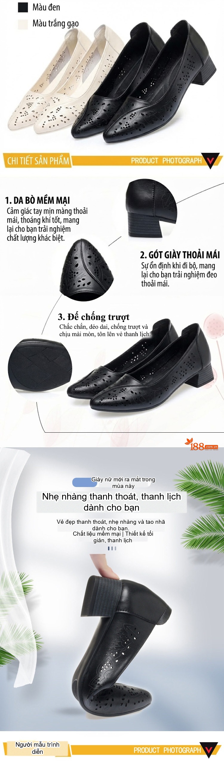 Giày Búp Bê Nữ Da Thật Lỗ Thoáng Khí Gót Vuông Đế Cao 5cm Màu Trắng, Đen chi tiết 1