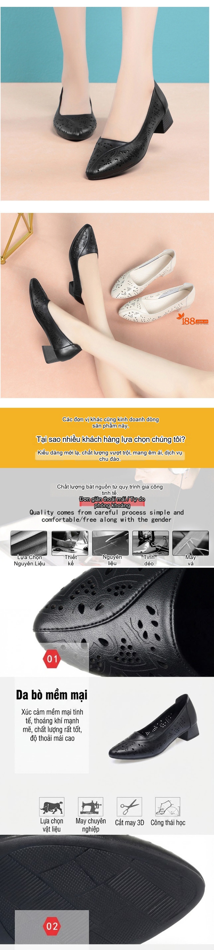 Giày Búp Bê Nữ Da Thật Lỗ Thoáng Khí Gót Vuông Đế Cao 5cm Màu Trắng, Đen chi tiết 4
