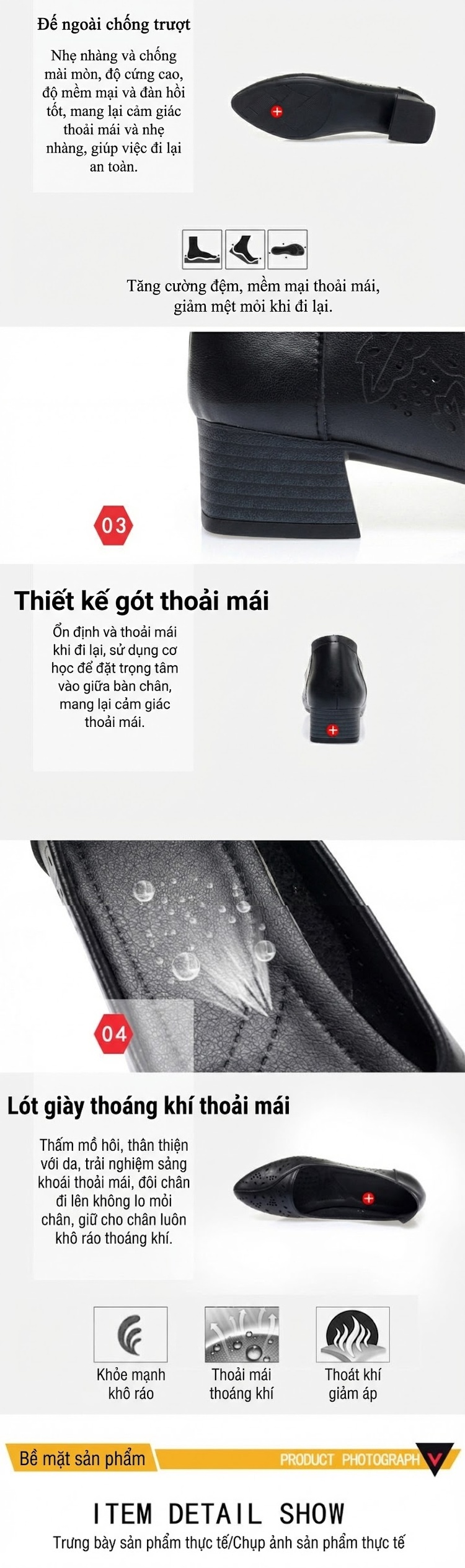 Giày Búp Bê Nữ Da Thật Lỗ Thoáng Khí Gót Vuông Đế Cao 5cm Màu Trắng, Đen chi tiết 5