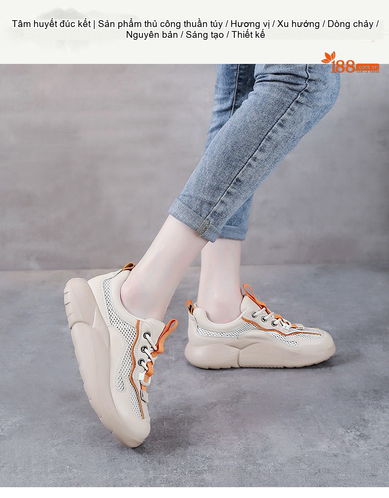 Giày Thể Thao Nữ Da Bò Lưới Thoáng Khí Buộc Dây Đế Cao 4cm - 5cm Màu Kem, Xanh chi tiết 1