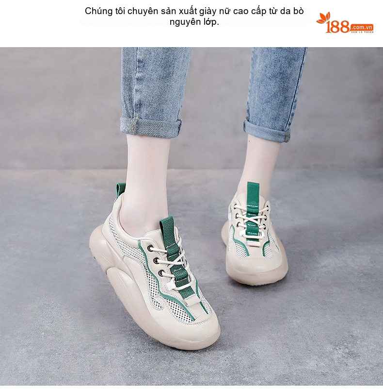 Giày Thể Thao Nữ Da Bò Lưới Thoáng Khí Buộc Dây Đế Cao 4cm - 5cm Màu Kem, Xanh chi tiết 2