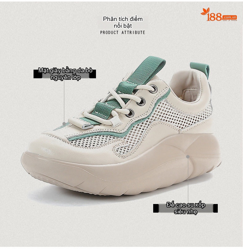 Giày Thể Thao Nữ Da Bò Lưới Thoáng Khí Buộc Dây Đế Cao 4cm - 5cm Màu Kem, Xanh chi tiết 3