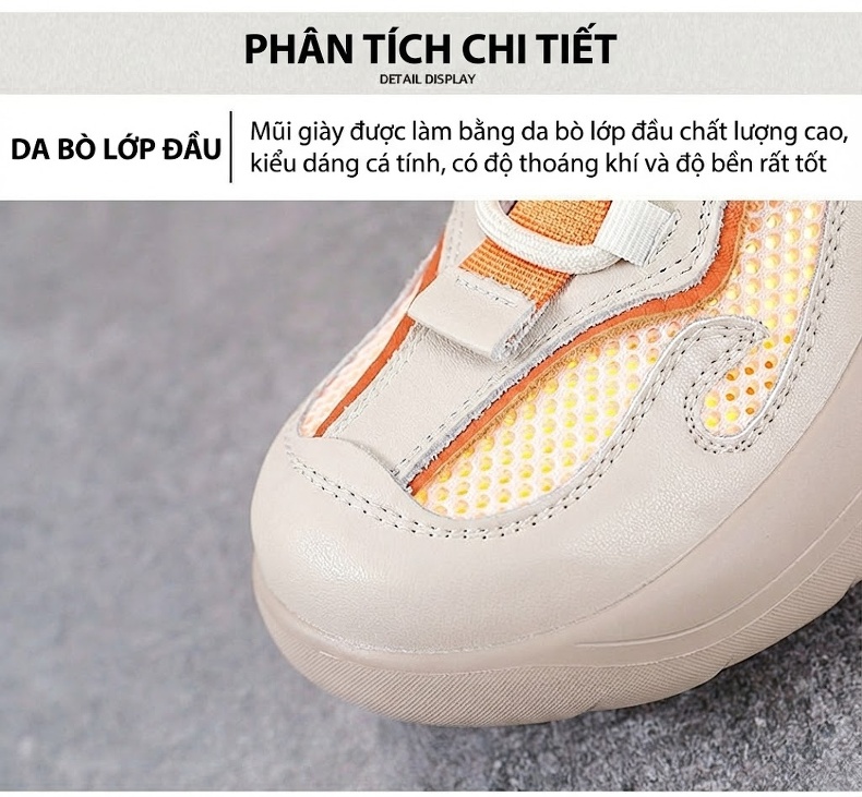 Giày Thể Thao Nữ Da Bò Lưới Thoáng Khí Buộc Dây Đế Cao 4cm - 5cm Màu Kem, Xanh chi tiết 4