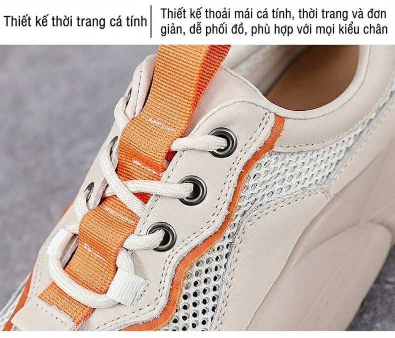 Giày Thể Thao Nữ Da Bò Lưới Thoáng Khí Buộc Dây Đế Cao 4cm - 5cm Màu Kem, Xanh chi tiết 5