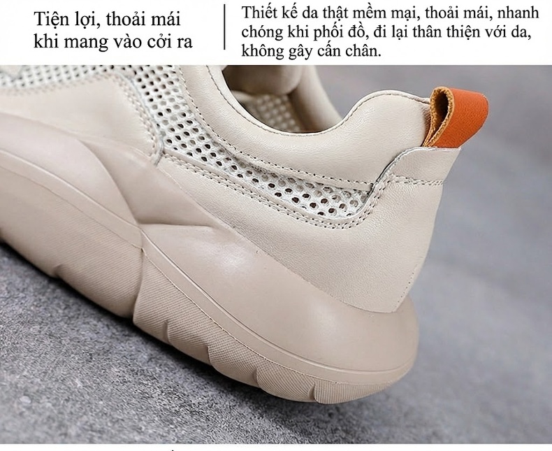 Giày Thể Thao Nữ Da Bò Lưới Thoáng Khí Buộc Dây Đế Cao 4cm - 5cm Màu Kem, Xanh chi tiết 6