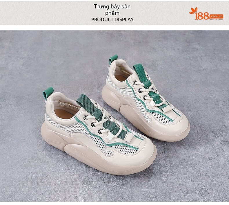 Giày Thể Thao Nữ Da Bò Lưới Thoáng Khí Buộc Dây Đế Cao 4cm - 5cm Màu Kem, Xanh chi tiết 10