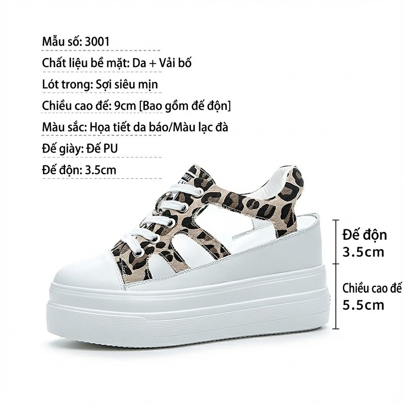 Giày Sandal Nữ Quai Dây Da Phối Vải Bố Họa Tiết Đế Cao 9cm Màu Trắng, Be