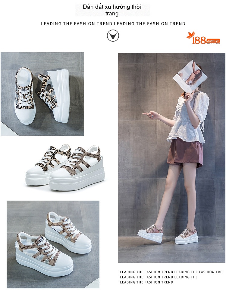 Giày Sandal Nữ Quai Dây Da Phối Vải Bố Họa Tiết Đế Cao 9cm Màu Trắng, Be chi tiết 2