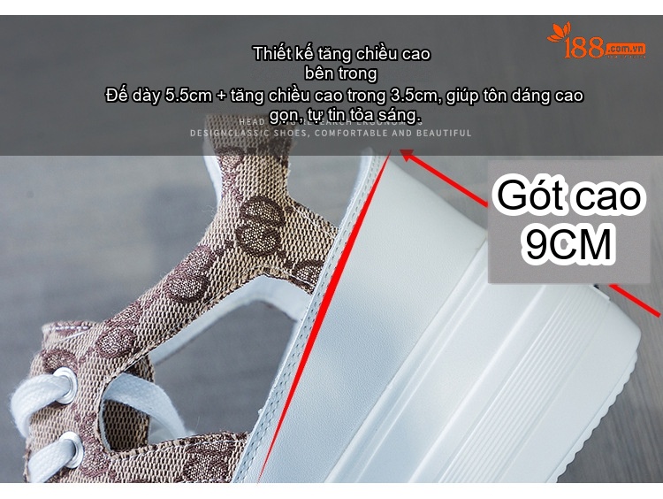 Giày Sandal Nữ Quai Dây Da Phối Vải Bố Họa Tiết Đế Cao 9cm Màu Trắng, Be chi tiết 6