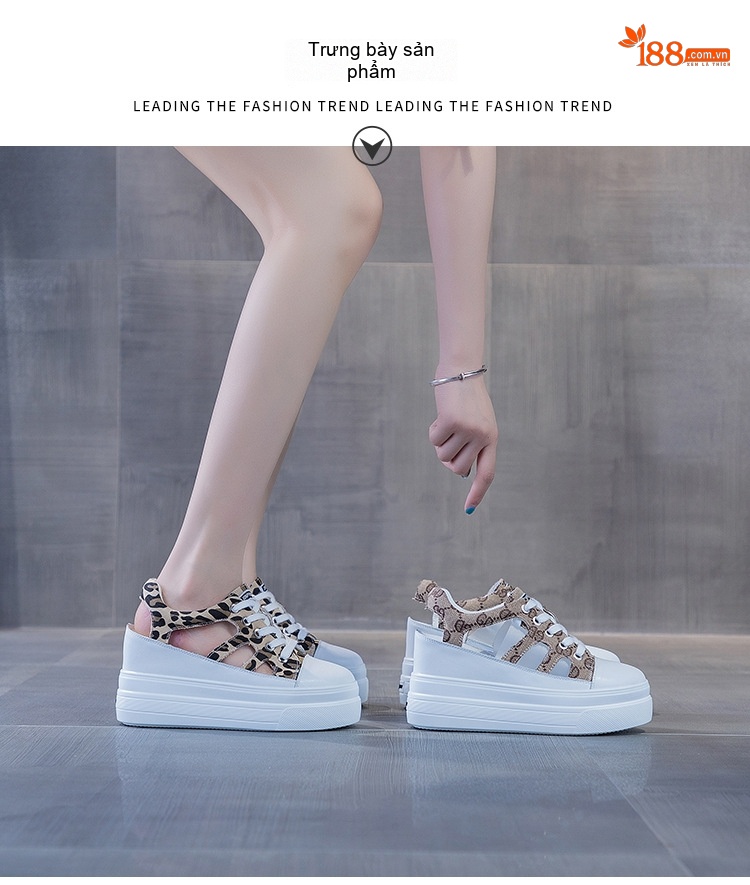 Giày Sandal Nữ Quai Dây Da Phối Vải Bố Họa Tiết Đế Cao 9cm Màu Trắng, Be chi tiết 9