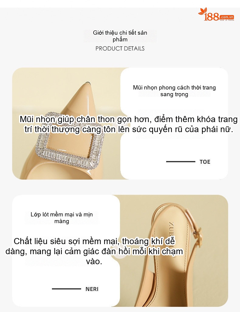 Giày Sandal Cao Gót Nữ Hở Gót Mũi Nhọn Quai Hậu Đính Đá Gót Xuồng Gót Cao 5cm - 6cm Màu Đen, Kem chi tiết 3