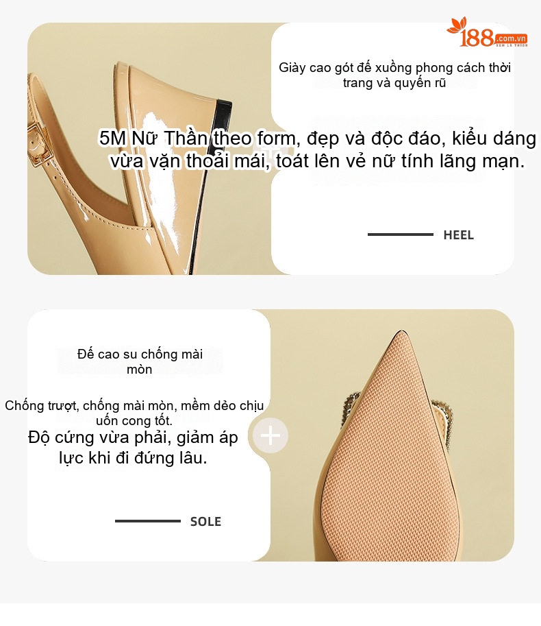 Giày Sandal Cao Gót Nữ Hở Gót Mũi Nhọn Quai Hậu Đính Đá Gót Xuồng Gót Cao 5cm - 6cm Màu Đen, Kem chi tiết 4