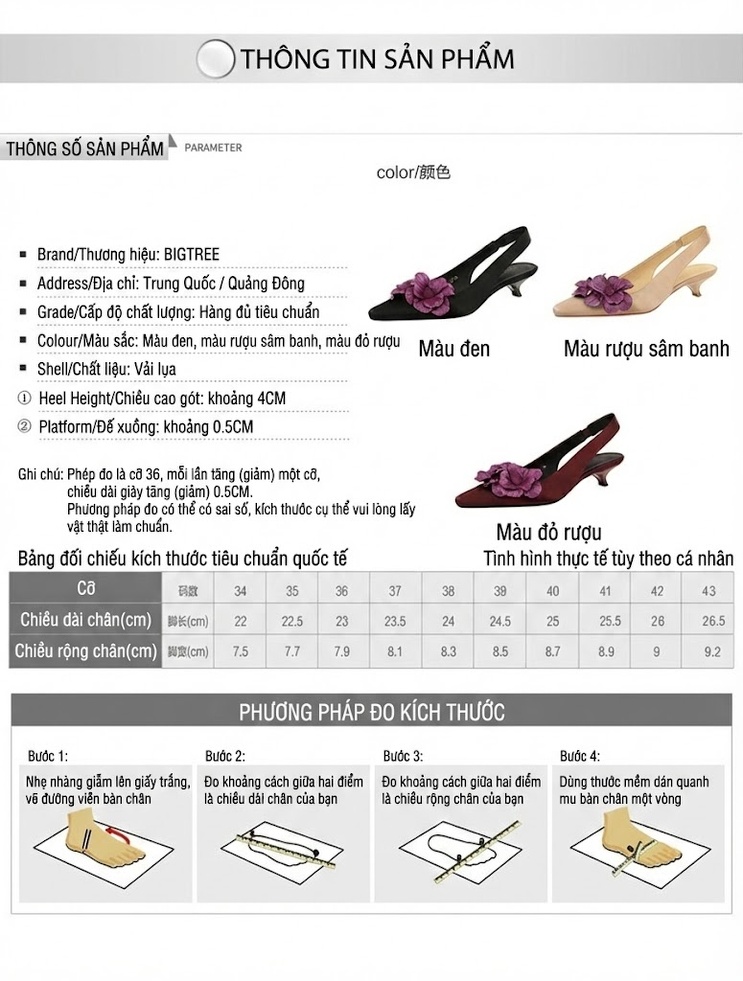 Giày Sandal Cao Gót Nữ Mũi Nhọn Quai Hậu Đính Hoa Gót Cao 5cm - 6cm Màu Đen, Đỏ, Kem chi tiết 1