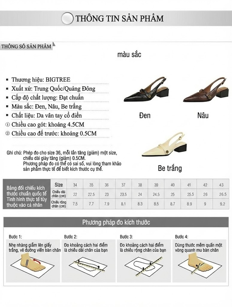 Giày Sandal Cao Gót Nữ Mũi Nhọn Quai Hậu Đính Hoa Trà Gót Vuông Gót Cao 5cm - 6cm Màu Nâu, Đen, Kem chi tiết 1