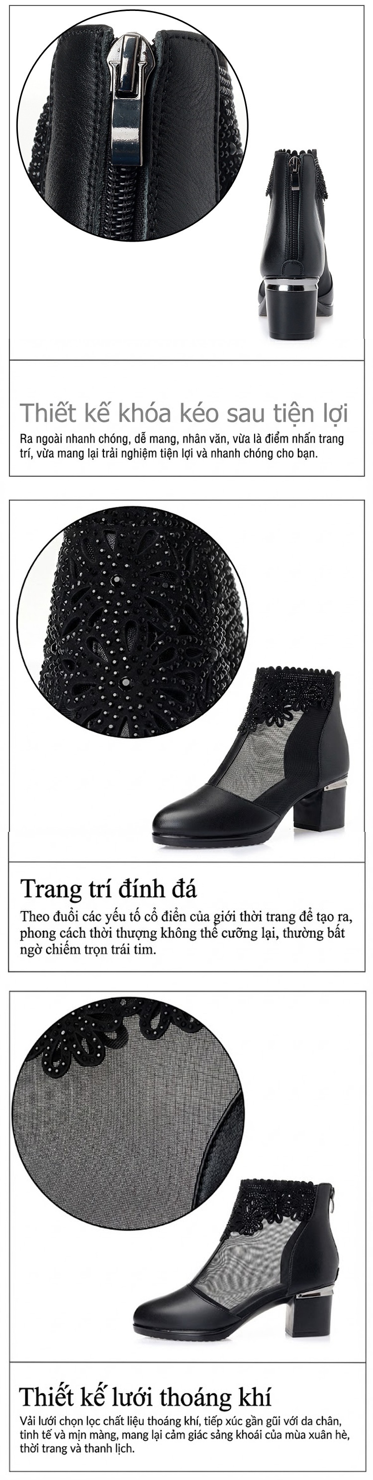 Giày Sandal Cao Gót Nữ Lưới Hở Mũi Cá Gót Vuông Lưới Gót Cao 7cm - 8cm Màu Đen, Kem chi tiết 7