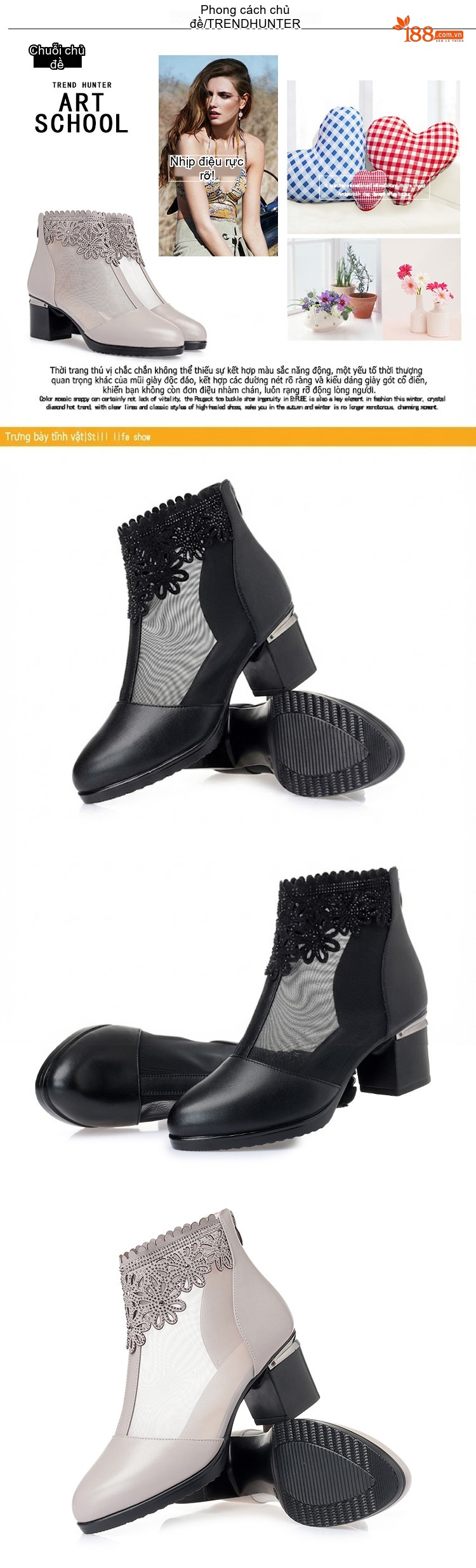 Giày Sandal Cao Gót Nữ Lưới Hở Mũi Cá Gót Vuông Lưới Gót Cao 7cm - 8cm Màu Đen, Kem chi tiết 8