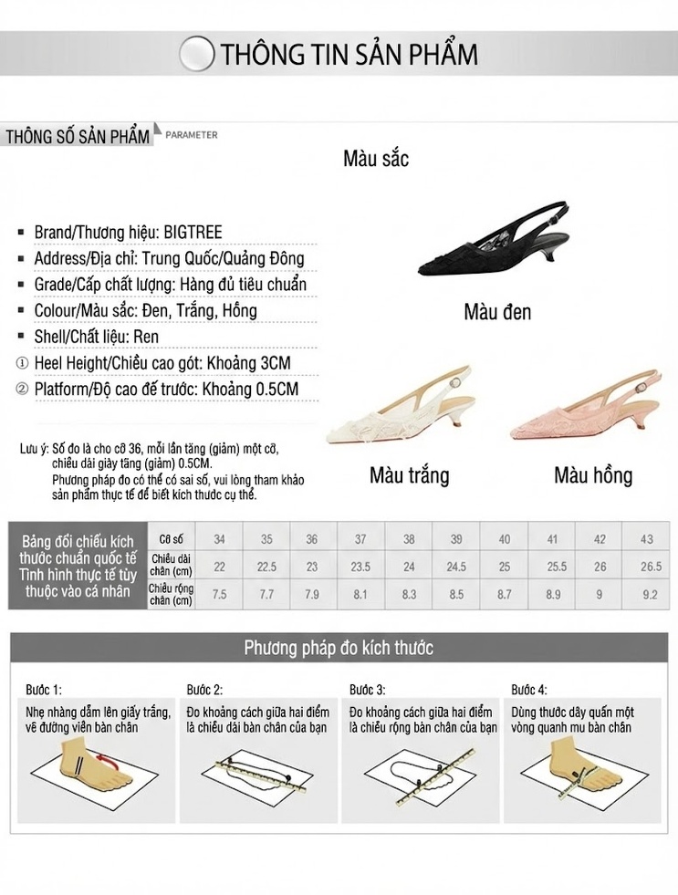 Giày Cao Gót Nữ Lưới Ren Mũi Nhọn Hở Gót Quai Hậu Gót Cao 5cm - 6cm Màu Đen, Trắng, Hồng chi tiết 1