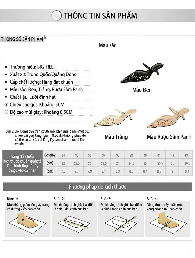 Giày Sandal Cao Gót Nữ Mũi Nhọn Lưới Đính Kim Sa Gót Cao 5cm - 6cm Màu Be, Đen, Trắng chi tiết 1