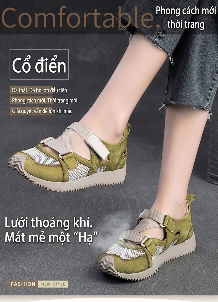 Dép Sandal Nữ Quai Dán Thể Thao Vải Lưới Đế Cao 3cm - 4cm Màu Đỏ, Xanh Lá, Be chi tiết 2