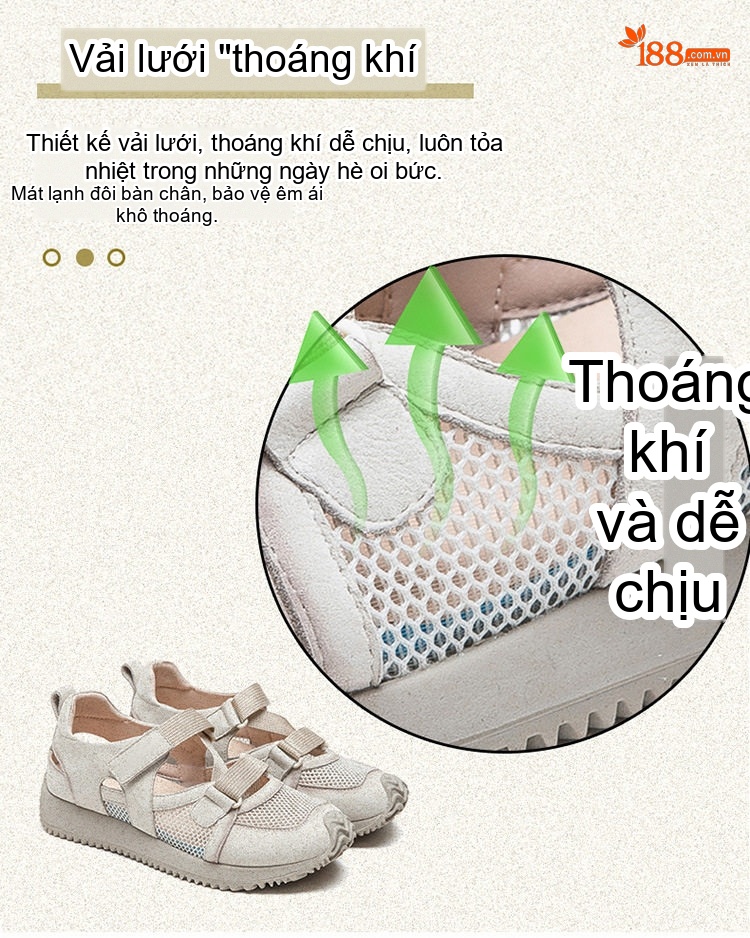Dép Sandal Nữ Quai Dán Thể Thao Vải Lưới Đế Cao 3cm - 4cm Màu Đỏ, Xanh Lá, Be chi tiết 7