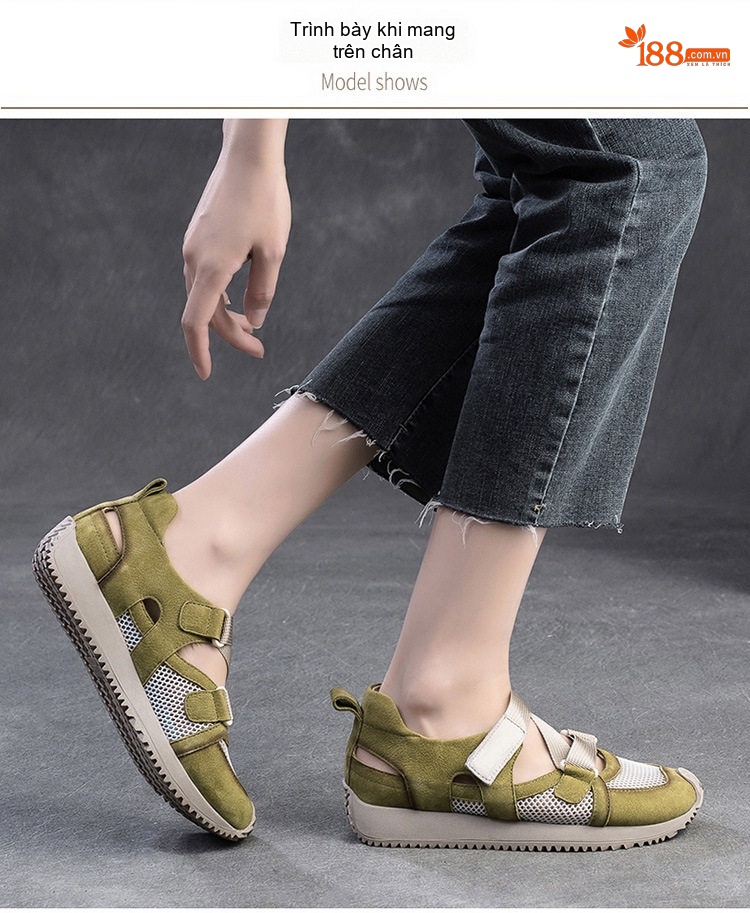 Dép Sandal Nữ Quai Dán Thể Thao Vải Lưới Đế Cao 3cm - 4cm Màu Đỏ, Xanh Lá, Be chi tiết 8