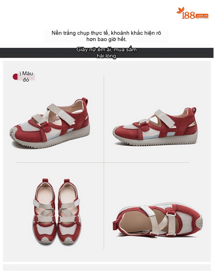 Dép Sandal Nữ Quai Dán Thể Thao Vải Lưới Đế Cao 3cm - 4cm Màu Đỏ, Xanh Lá, Be chi tiết 17