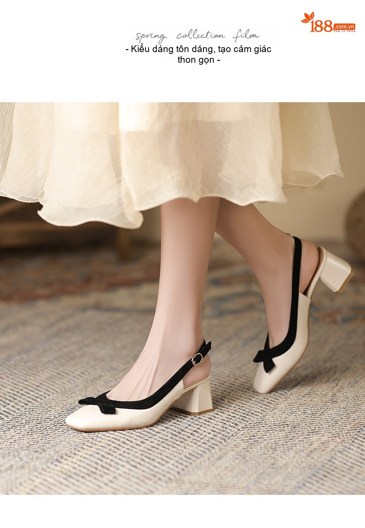 Giày Sandal Cao Gót Nữ Quai Hậu Mũi Vuông Da Bóng Gót Cao 7cm - 8cm Màu Xanh, Trắng, Đen chi tiết 7