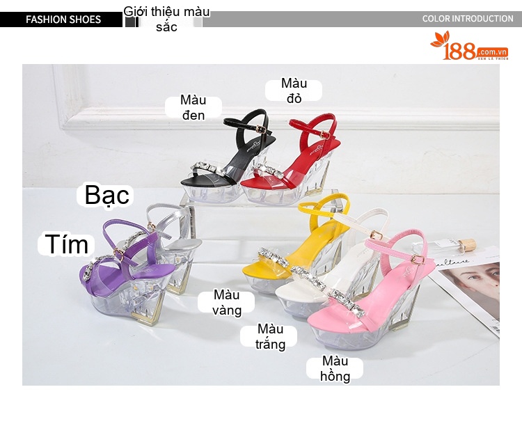 Giày Sandal Cao Gót Nữ Quai Trong Suốt Đính Đá Gót Cao 10cm Màu Đen, Đỏ, Bạc, Tím... chi tiết 2