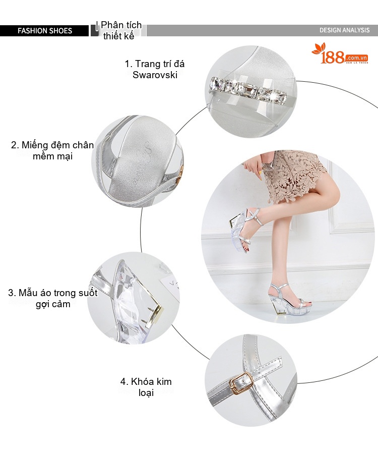 Giày Sandal Cao Gót Nữ Quai Trong Suốt Đính Đá Gót Cao 10cm Màu Đen, Đỏ, Bạc, Tím... chi tiết 3