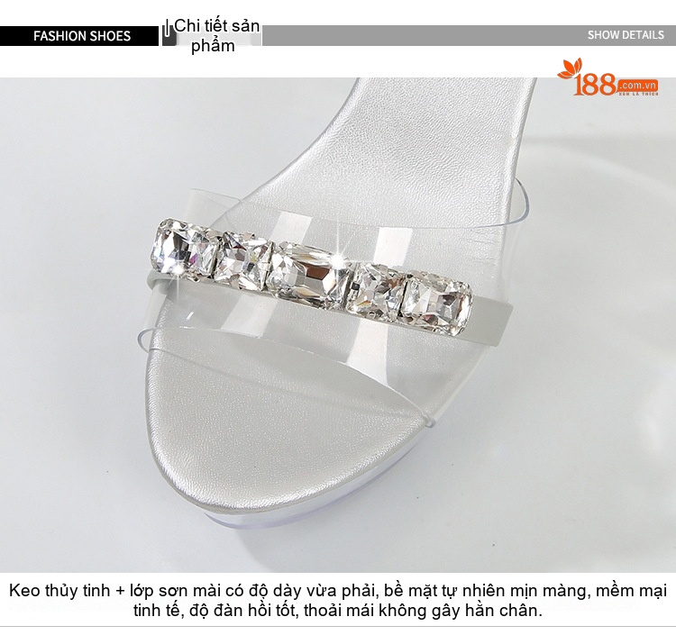 Giày Sandal Cao Gót Nữ Quai Trong Suốt Đính Đá Gót Cao 10cm Màu Đen, Đỏ, Bạc, Tím... chi tiết 4