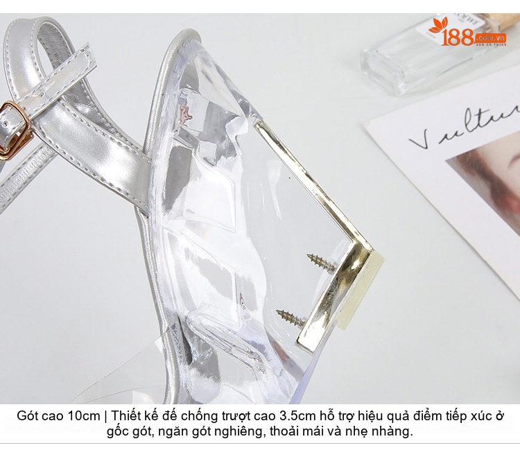 Giày Sandal Cao Gót Nữ Quai Trong Suốt Đính Đá Gót Cao 10cm Màu Đen, Đỏ, Bạc, Tím... chi tiết 6