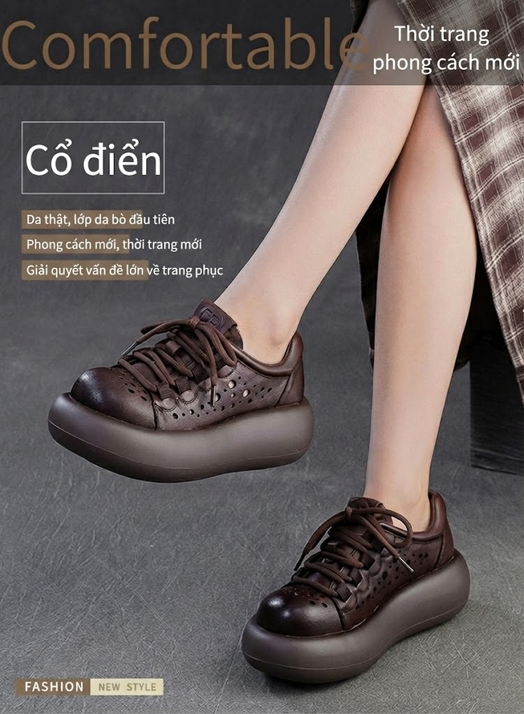 Giày Sneaker Nữ Da Mờ Buộc Dây Đế Cao 4cm - 5cm Màu Đen, Nâu chi tiết 1
