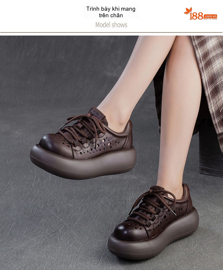 Giày Sneaker Nữ Da Mờ Buộc Dây Đế Cao 4cm - 5cm Màu Đen, Nâu chi tiết 7