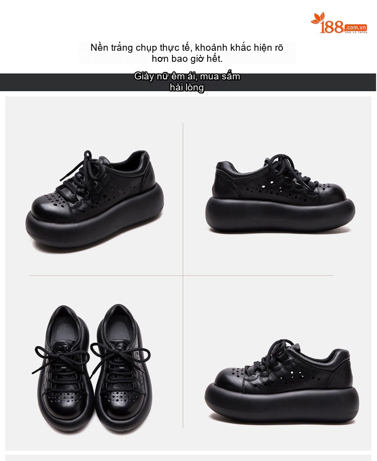 Giày Sneaker Nữ Da Mờ Buộc Dây Đế Cao 4cm - 5cm Màu Đen, Nâu chi tiết 16