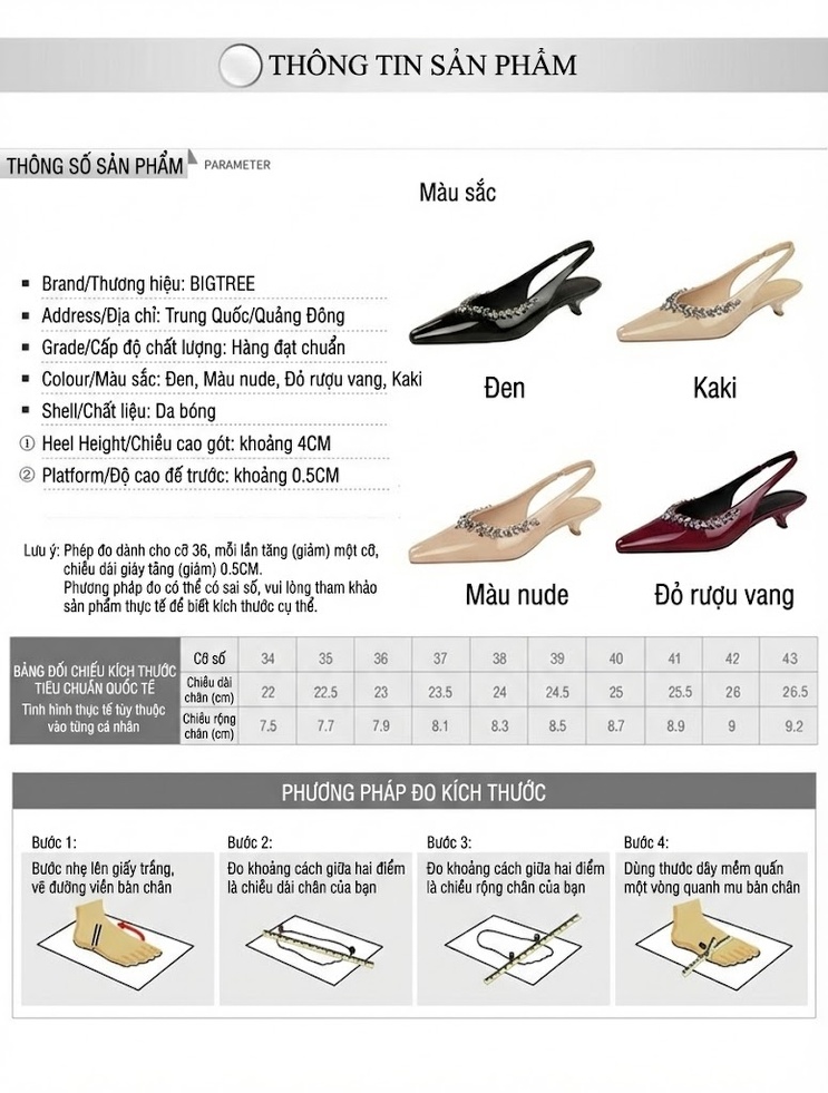 Giày Slingback Nữ Da Bóng Đính Đá Chiều Cao Đế Khoảng 3cm Màu Đen, Đỏ, Kem chi tiết 1