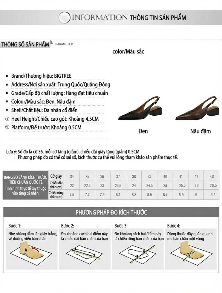 Giày Slingback Nữ Da Bóng Mũi Nhọn Chiều Cao Đế Khoảng 4cm Màu Đen, Nâu chi tiết 1