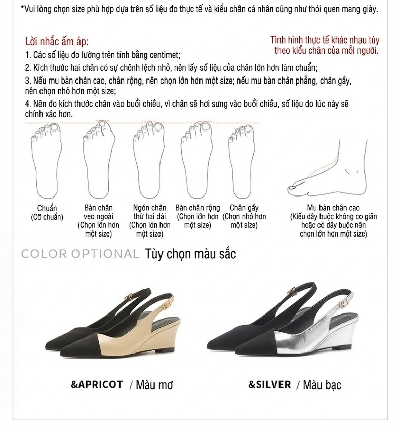 Giày Slingback Nữ Mũi Nhọn Da Mờ Gót Xuồng Phối Màu Chiều Cao Đế Khoảng 5cm Màu Đen, Bạc, Kem chi tiết 2