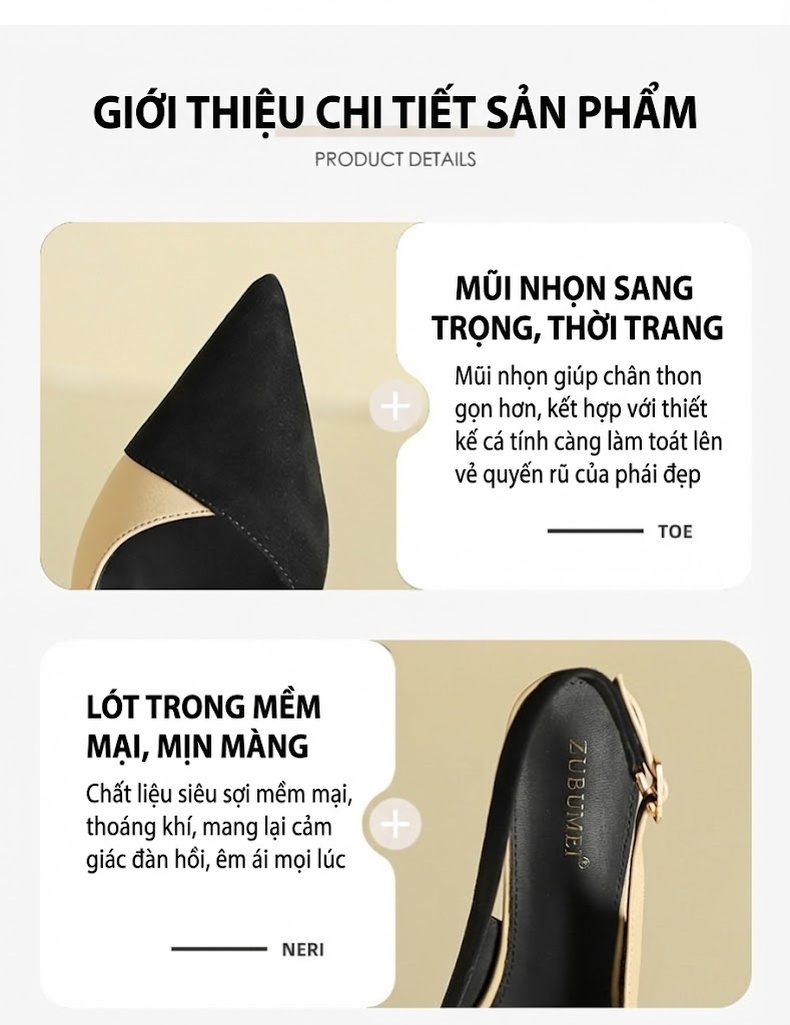 Giày Slingback Nữ Mũi Nhọn Da Mờ Gót Xuồng Phối Màu Chiều Cao Đế Khoảng 5cm Màu Đen, Bạc, Kem chi tiết 3