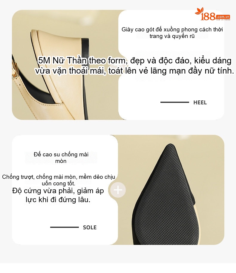 Giày Slingback Nữ Mũi Nhọn Da Mờ Gót Xuồng Phối Màu Chiều Cao Đế Khoảng 5cm Màu Đen, Bạc, Kem chi tiết 4