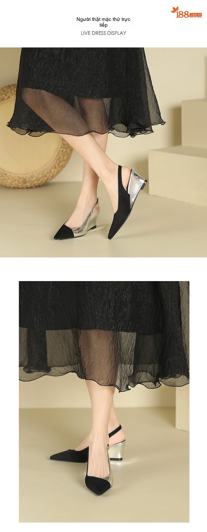 Giày Slingback Nữ Mũi Nhọn Da Mờ Gót Xuồng Phối Màu Chiều Cao Đế Khoảng 5cm Màu Đen, Bạc, Kem chi tiết 5