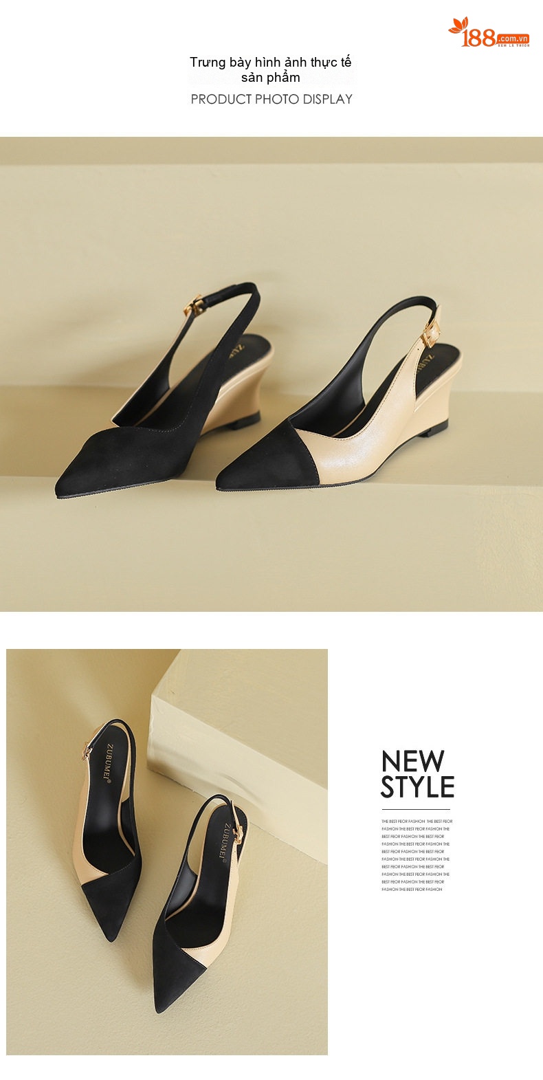 Giày Slingback Nữ Mũi Nhọn Da Mờ Gót Xuồng Phối Màu Chiều Cao Đế Khoảng 5cm Màu Đen, Bạc, Kem chi tiết 9