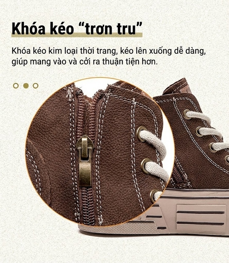 Giày Sneaker Cao Cổ Nữ Da Bò Buộc Dây Chiều Cao Đế Khoảng 3cm Màu Kem, Đỏ, Nâu chi tiết 7