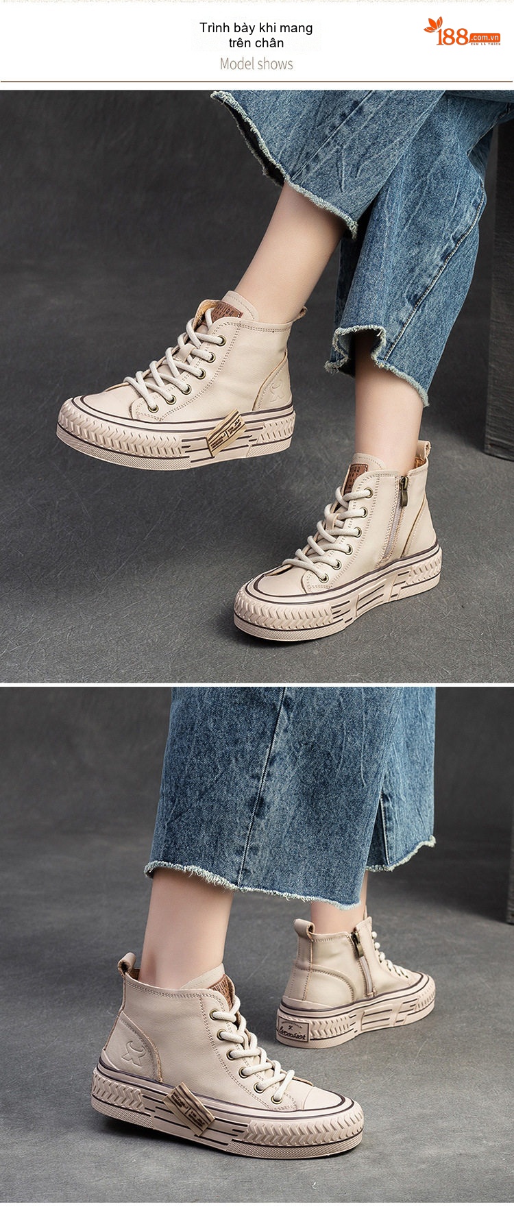 Giày Sneaker Cao Cổ Nữ Da Bò Buộc Dây Chiều Cao Đế Khoảng 3cm Màu Kem, Đỏ, Nâu chi tiết 8