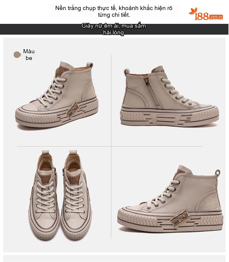 Giày Sneaker Cao Cổ Nữ Da Bò Buộc Dây Chiều Cao Đế Khoảng 3cm Màu Kem, Đỏ, Nâu chi tiết 14
