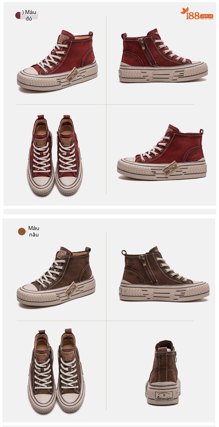 Giày Sneaker Cao Cổ Nữ Da Bò Buộc Dây Chiều Cao Đế Khoảng 3cm Màu Kem, Đỏ, Nâu chi tiết 15