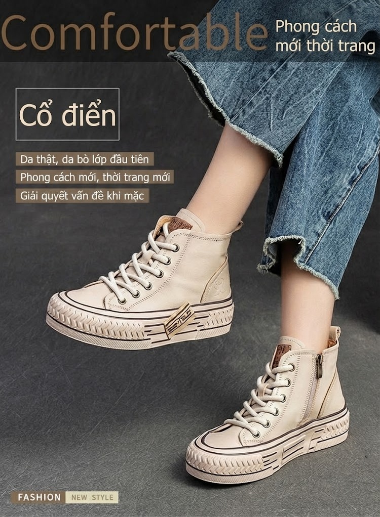 Giày Sneaker Cao Cổ Nữ Da Bò Buộc Dây Chiều Cao Đế Khoảng 3cm Màu Kem, Đỏ, Nâu chi tiết 1
