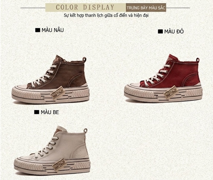 Giày Sneaker Cao Cổ Nữ Da Bò Buộc Dây Chiều Cao Đế Khoảng 3cm Màu Kem, Đỏ, Nâu chi tiết 2