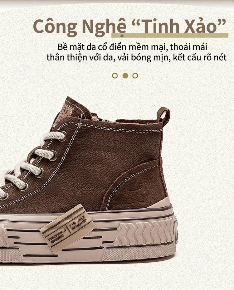 Giày Sneaker Cao Cổ Nữ Da Bò Buộc Dây Chiều Cao Đế Khoảng 3cm Màu Kem, Đỏ, Nâu chi tiết 3