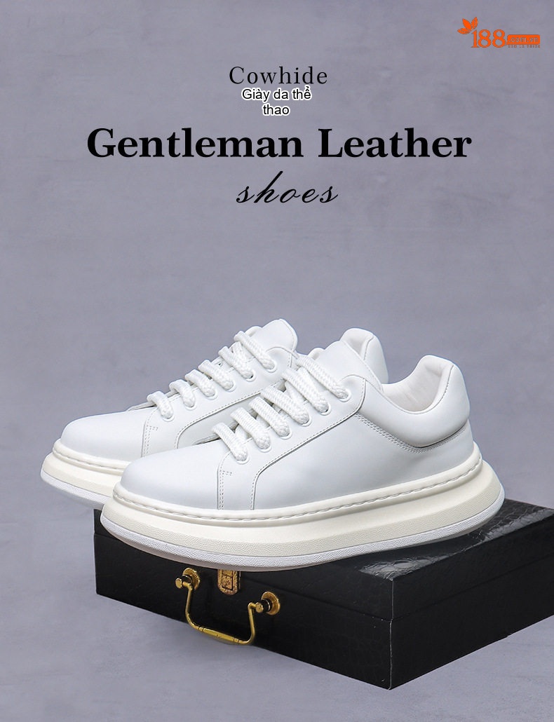 Giày Sneaker Nam Da Bò Đế Cao Khoảng 5cm Phong Cách Thời Trang Màu Trắng chi tiết 1