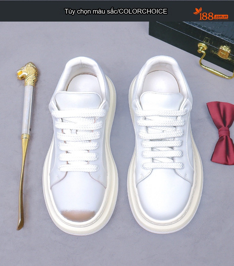 Giày Sneaker Nam Da Bò Đế Cao Khoảng 5cm Phong Cách Thời Trang Màu Trắng chi tiết 2